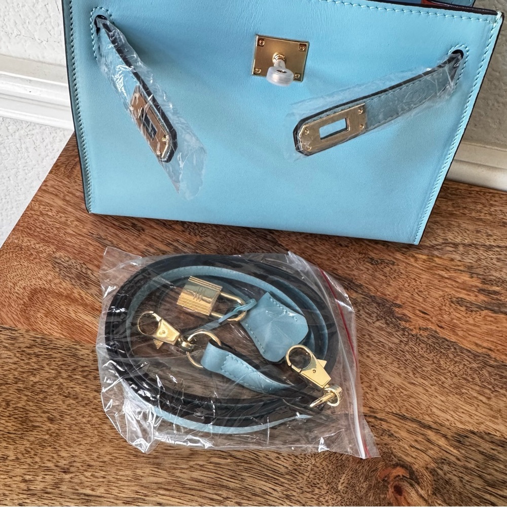 LEATHER INSIDE & OUT | Aqua Sky Mini 22 Sellier Belted KL Top Handle w/ Gold S17 - Picture 12 of 14